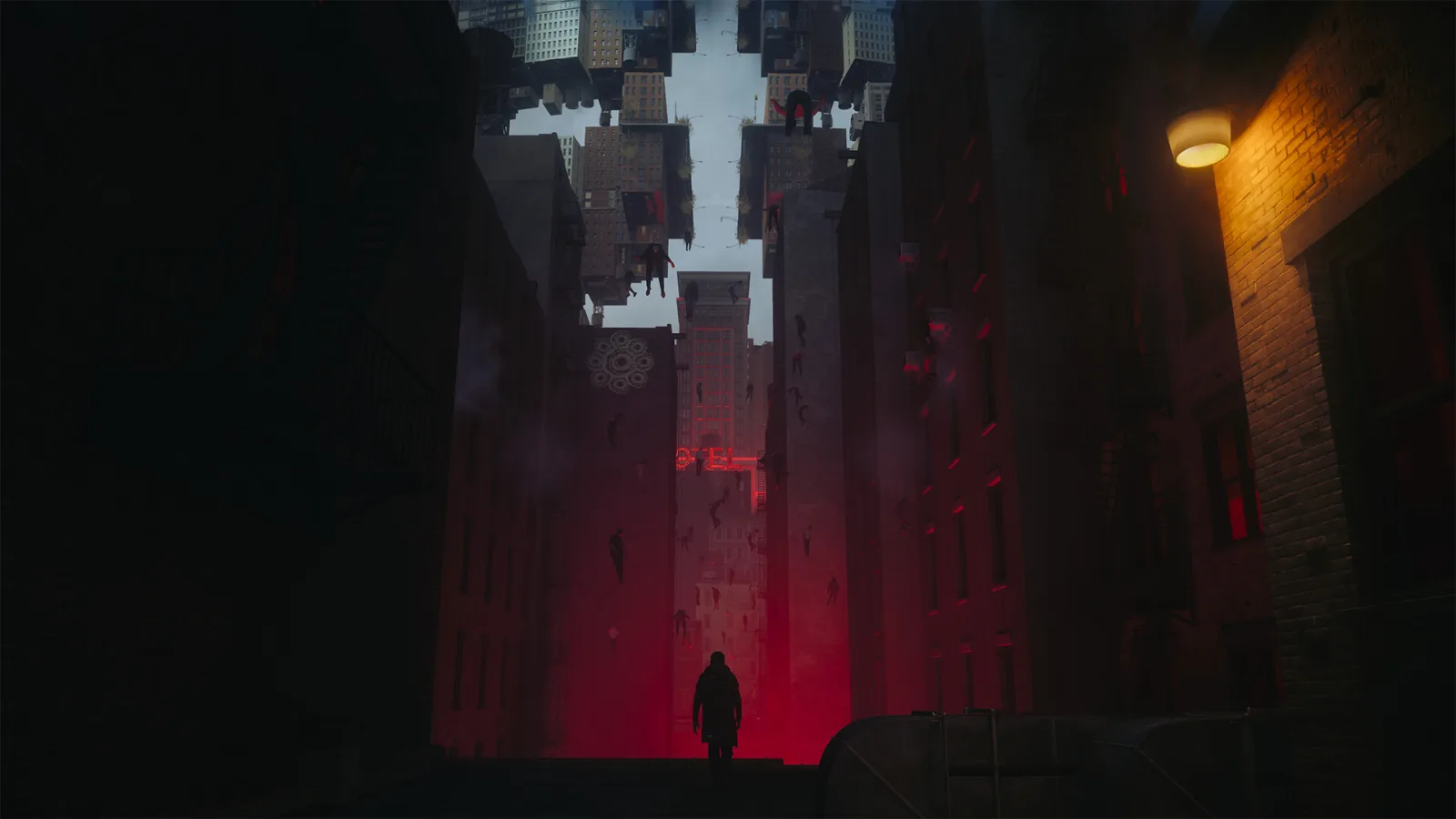 A lone figure walks down a red-lit street where people and buildings hang upside down in Control Resonant.