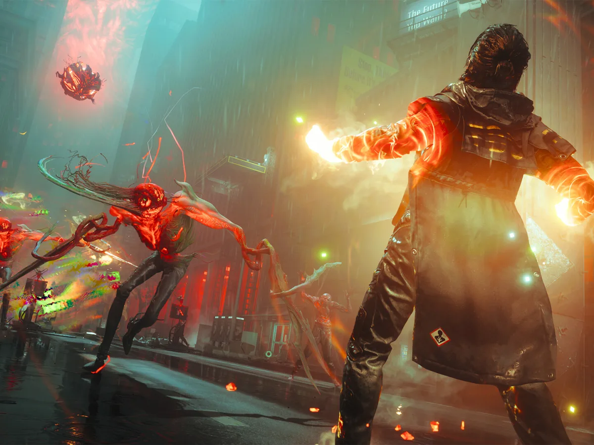 Dylan Faden attacks airborne creatures with glowing arms on an altered Manhattan street in Control Resonant.