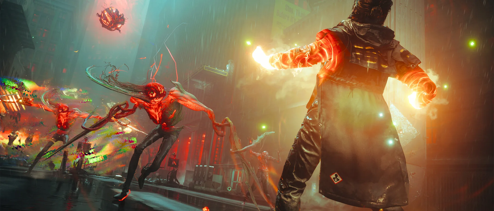 Dylan Faden attacks airborne creatures with glowing arms on an altered Manhattan street in Control Resonant.