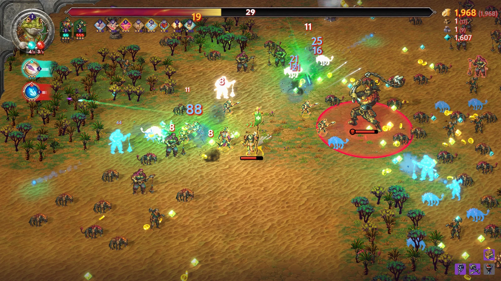 A Wielder and allied units surrounded by enemies, glowing spells and scattered loot on a sandy battlefield
