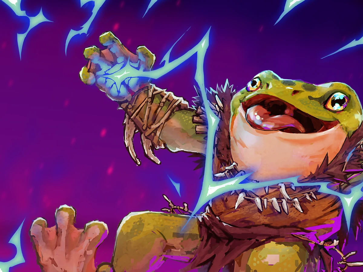 G'roda, a smiling frog warrior in spiked armour, surrounded by bright blue magic