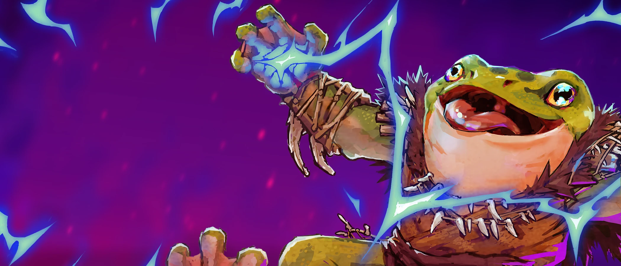 G'roda, a smiling frog warrior in spiked armour, surrounded by bright blue magic