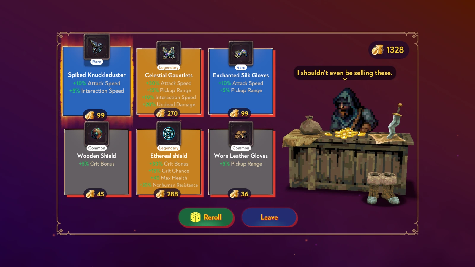 A hooded merchant beside equipment cards for gauntlets, gloves and a shield in Wielders of the Essence