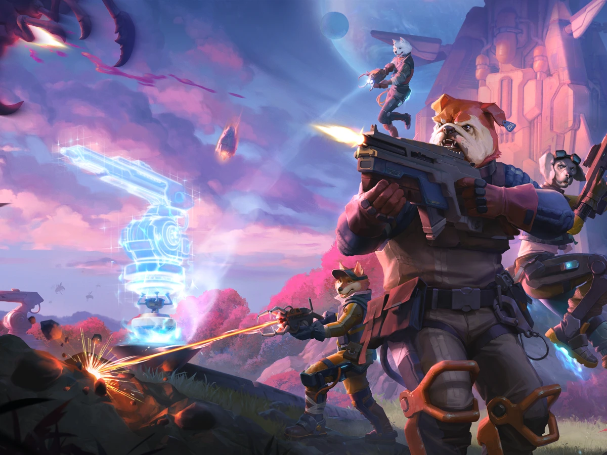 Gravhounds key art showing armed canine workers fighting on an alien planet