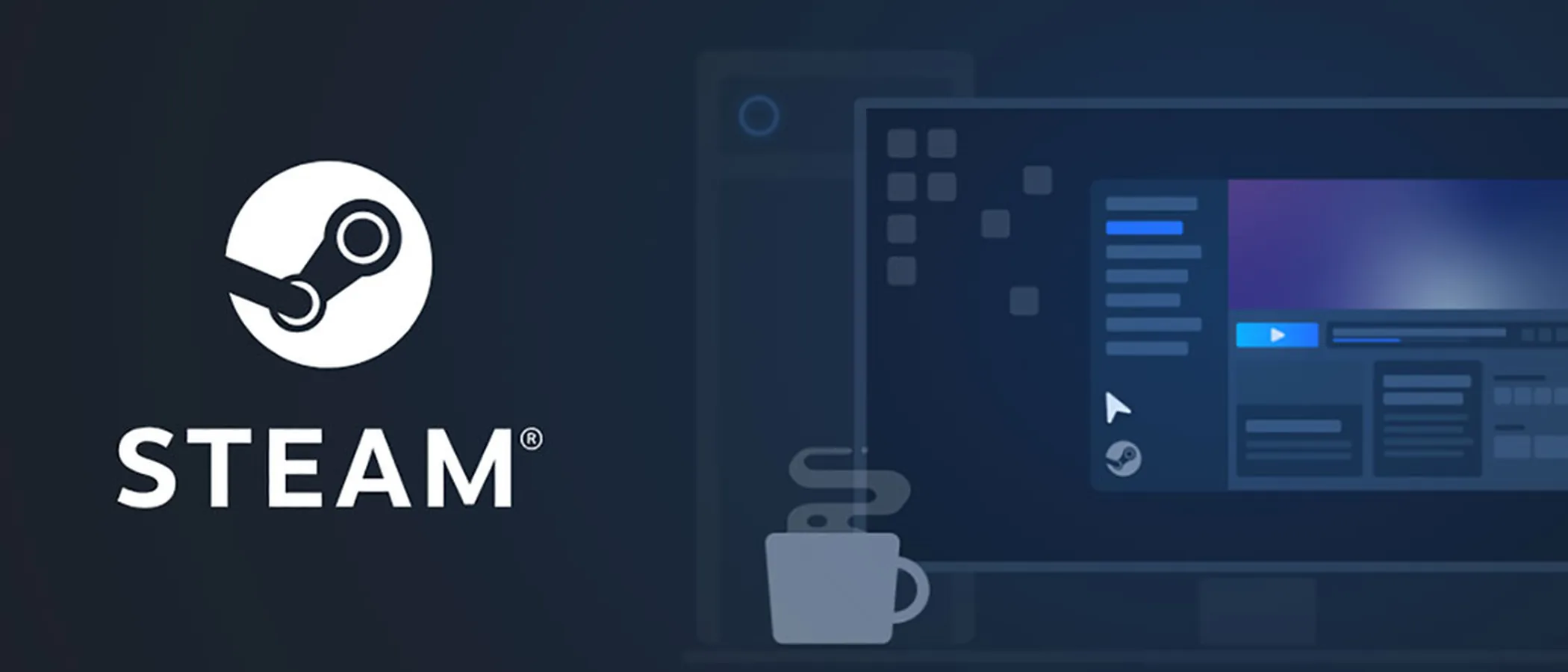 The Steam logo on Valve's blue storefront background.