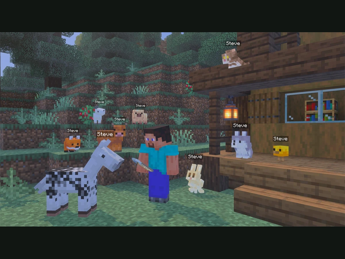 Steve stands among baby Minecraft animals with visible Steve name labels