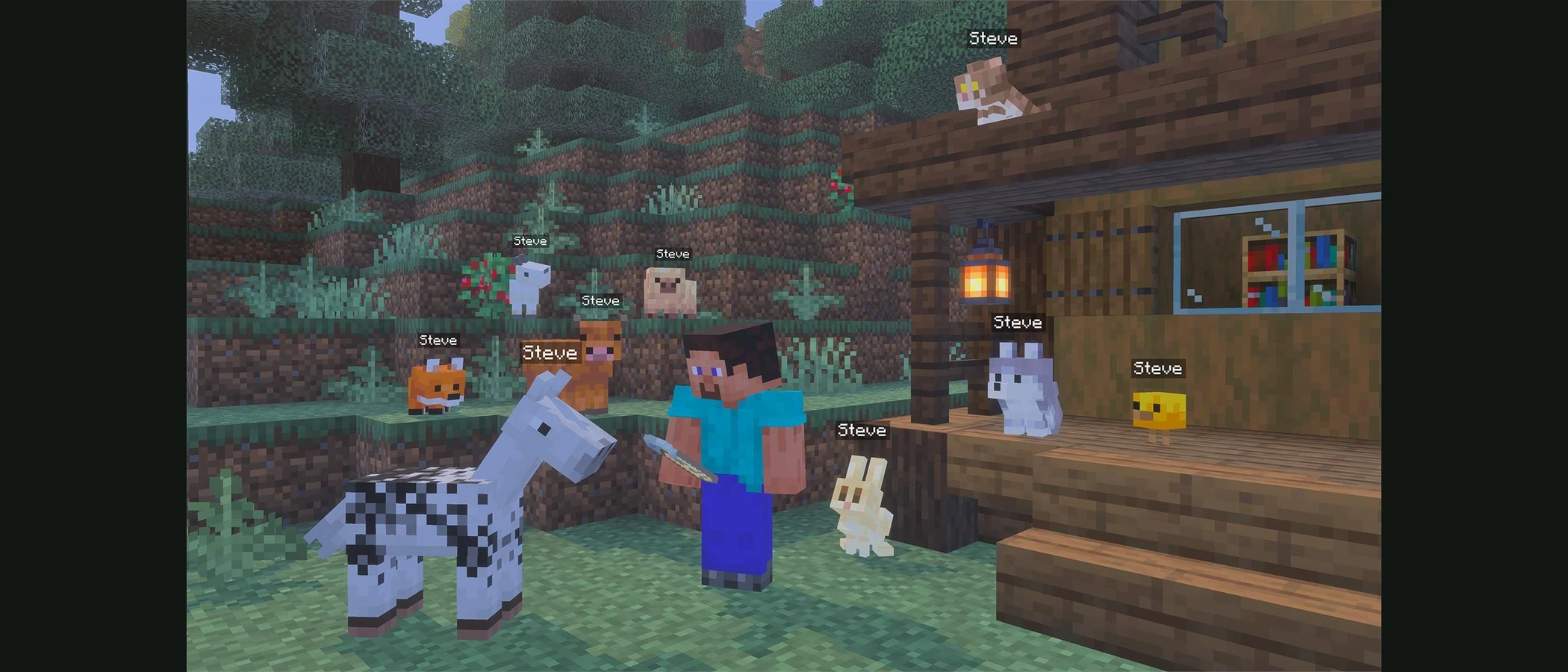 Steve stands among baby Minecraft animals with visible Steve name labels
