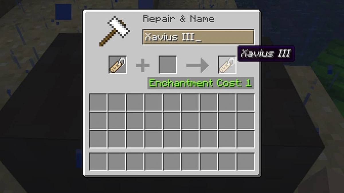 Minecraft anvil interface with a named tag in its output and an enchantment cost of one