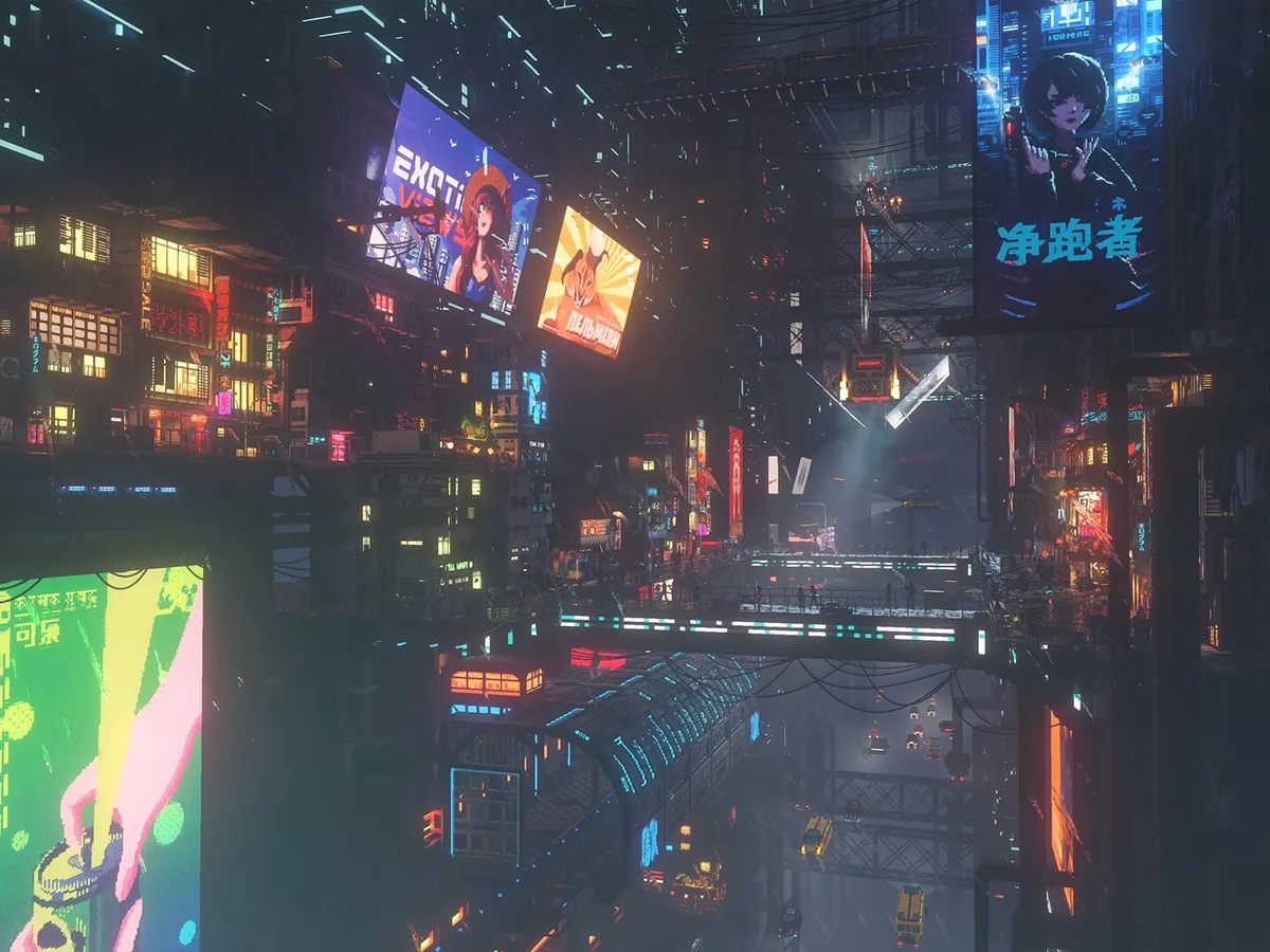 A dense vertical city of neon signs, roads and towers at night in Nivalis Nights.