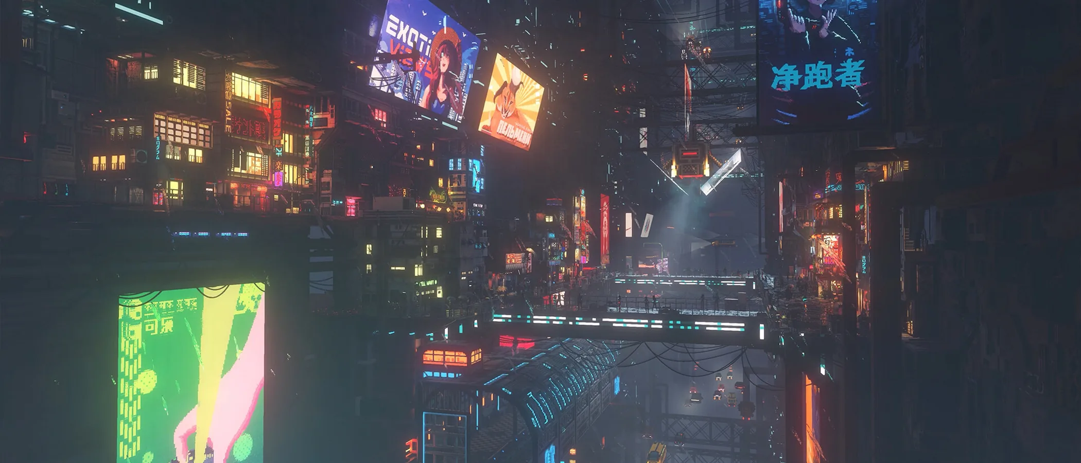 A dense vertical city of neon signs, roads and towers at night in Nivalis Nights.