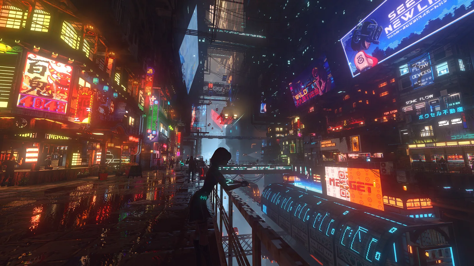 Rain reflects neon signs along a busy street in Nivalis Nights.