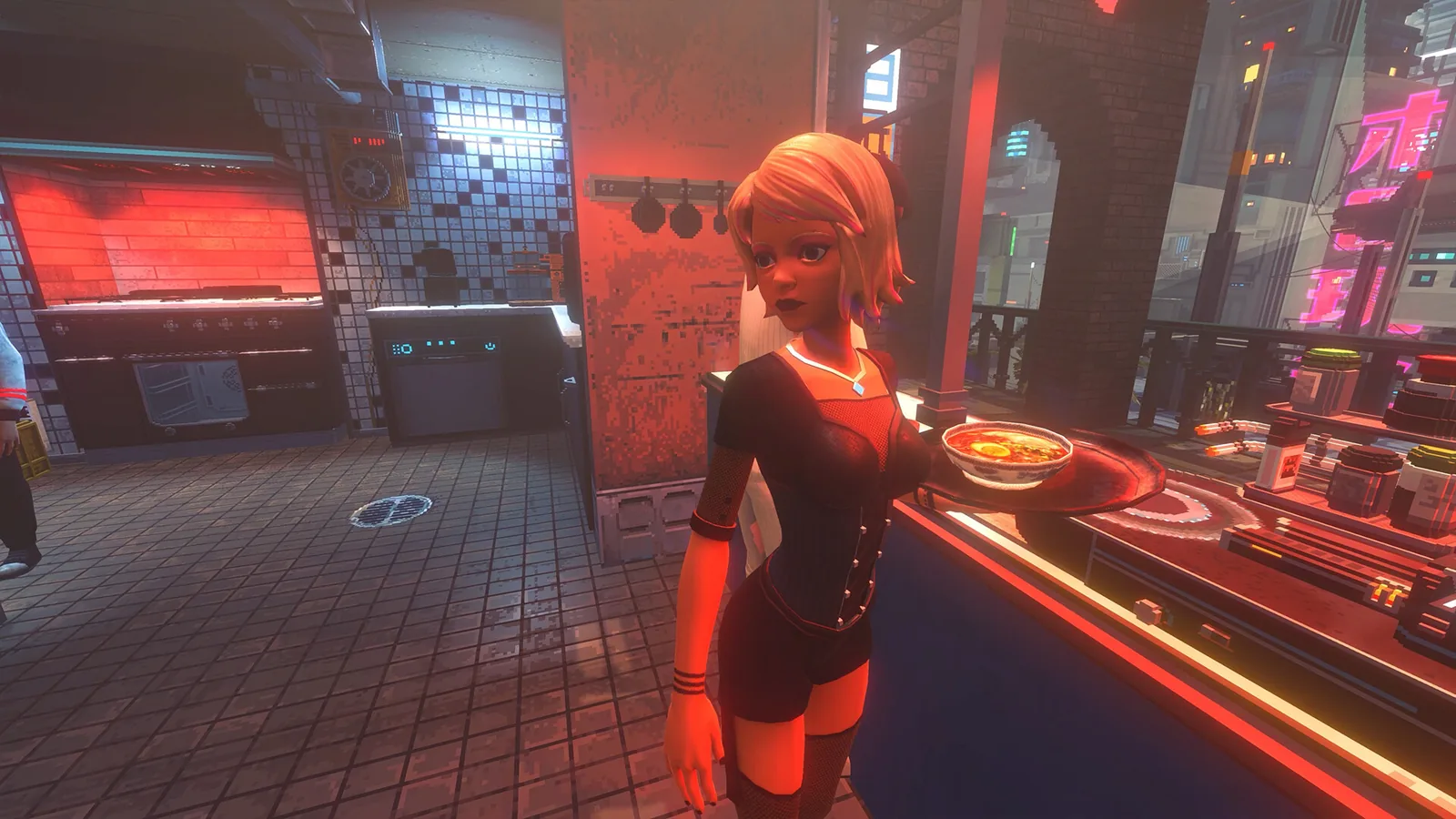 A restaurant worker carries a bowl of ramen through a crowded venue in Nivalis Nights.