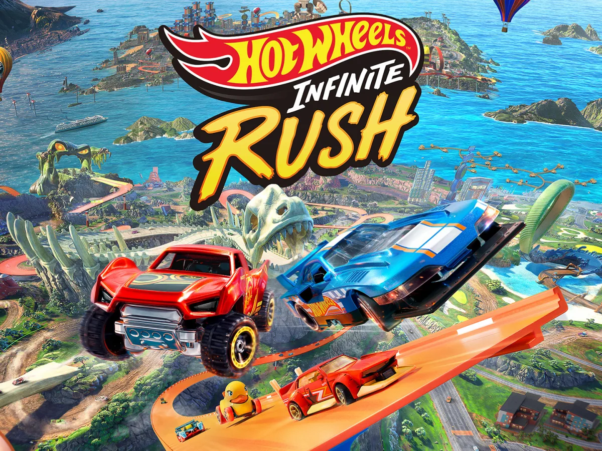 Hot Wheels cars race through a large-scale city environment in Hot Wheels Infinite Rush.