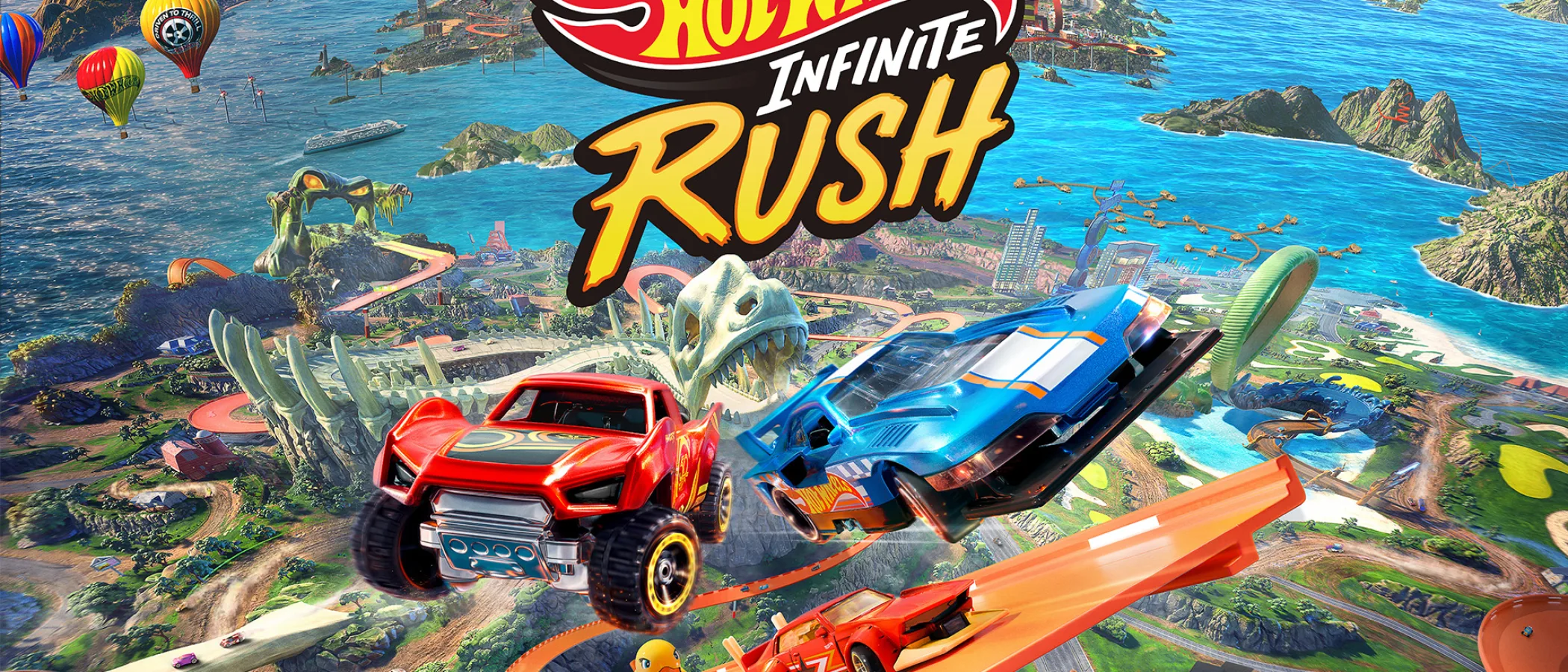 Hot Wheels cars race through a large-scale city environment in Hot Wheels Infinite Rush.