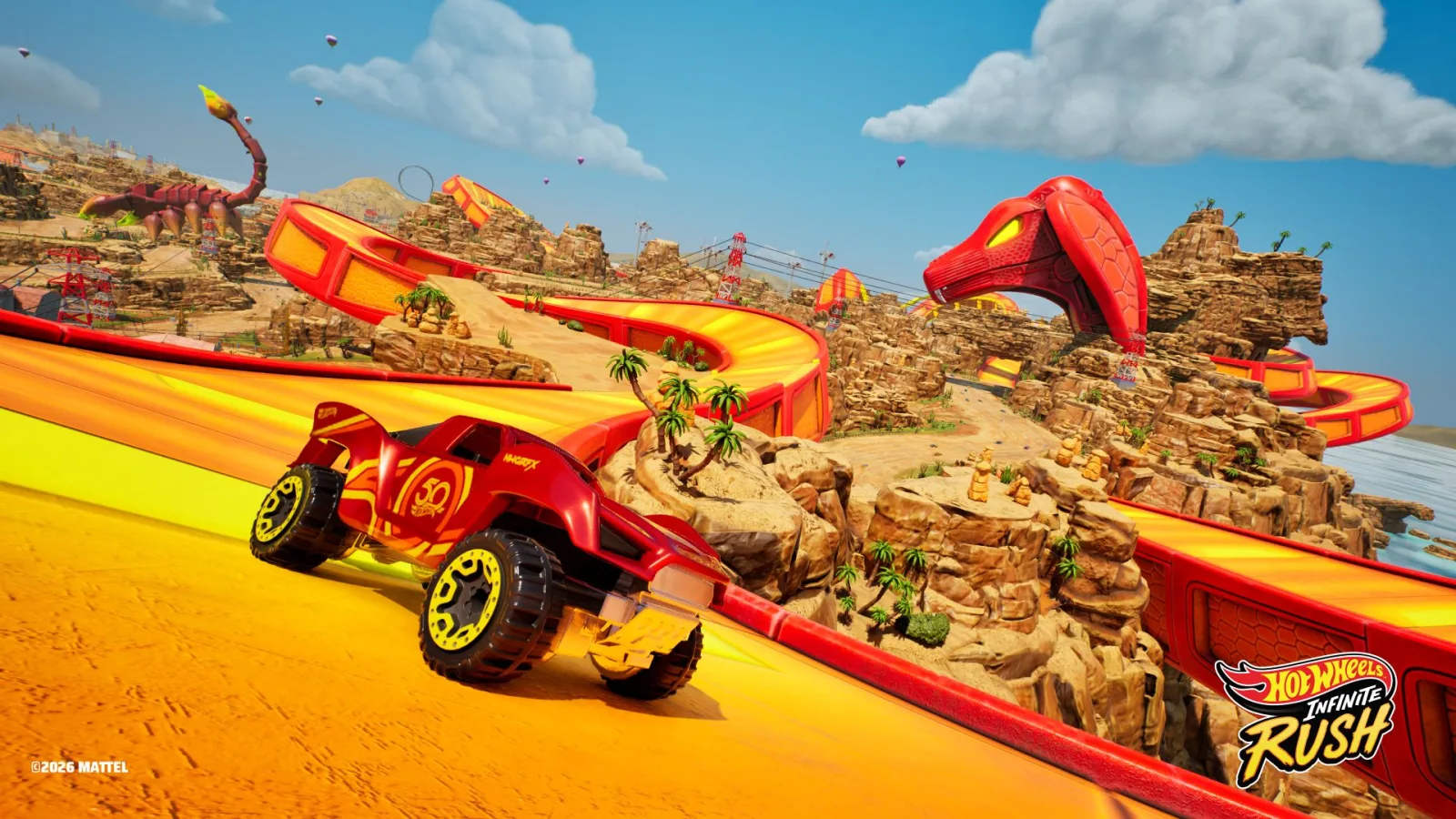 A Hot Wheels car drives beside a large dinosaur statue in Hot Wheels Infinite Rush.