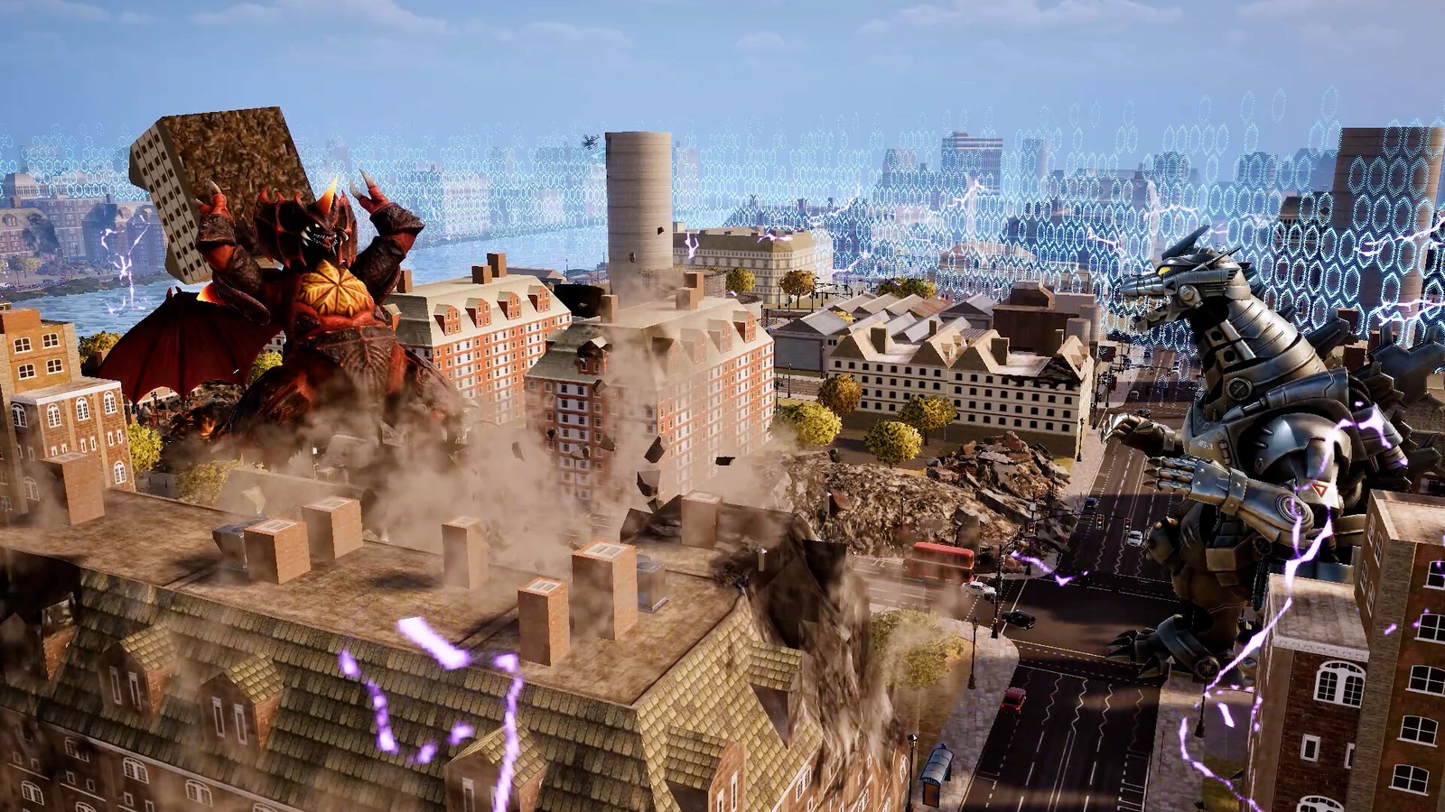 A horned kaiju holds a building above its head while a mechanical monster stands across the ruined city.
