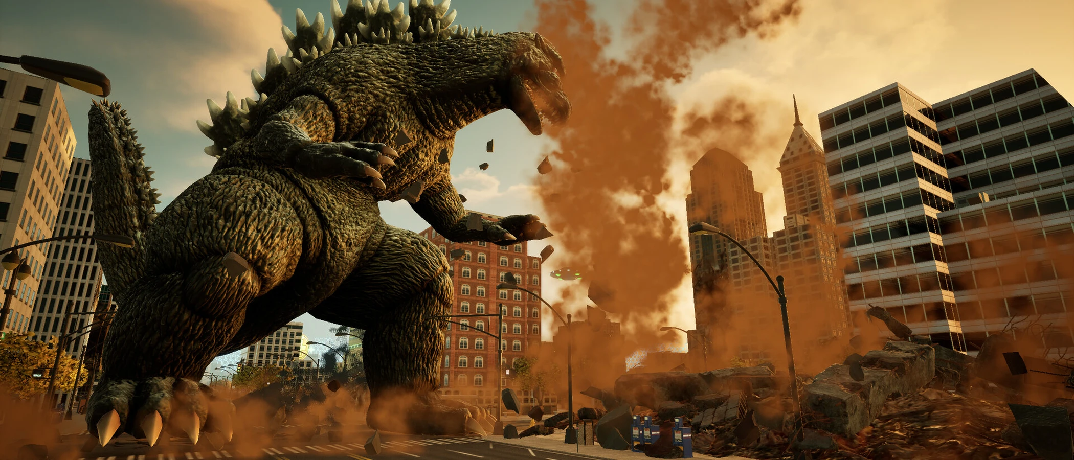 Godzilla raises a foot beside damaged city buildings beneath an orange sky.