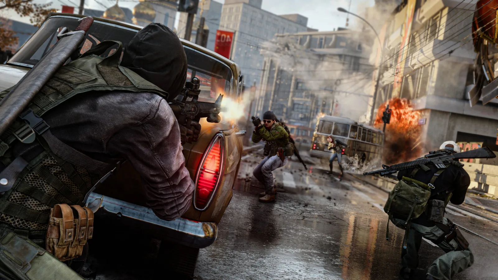 Armed soldiers fight beside a car on a city street in Call of Duty: Black Ops Cold War.