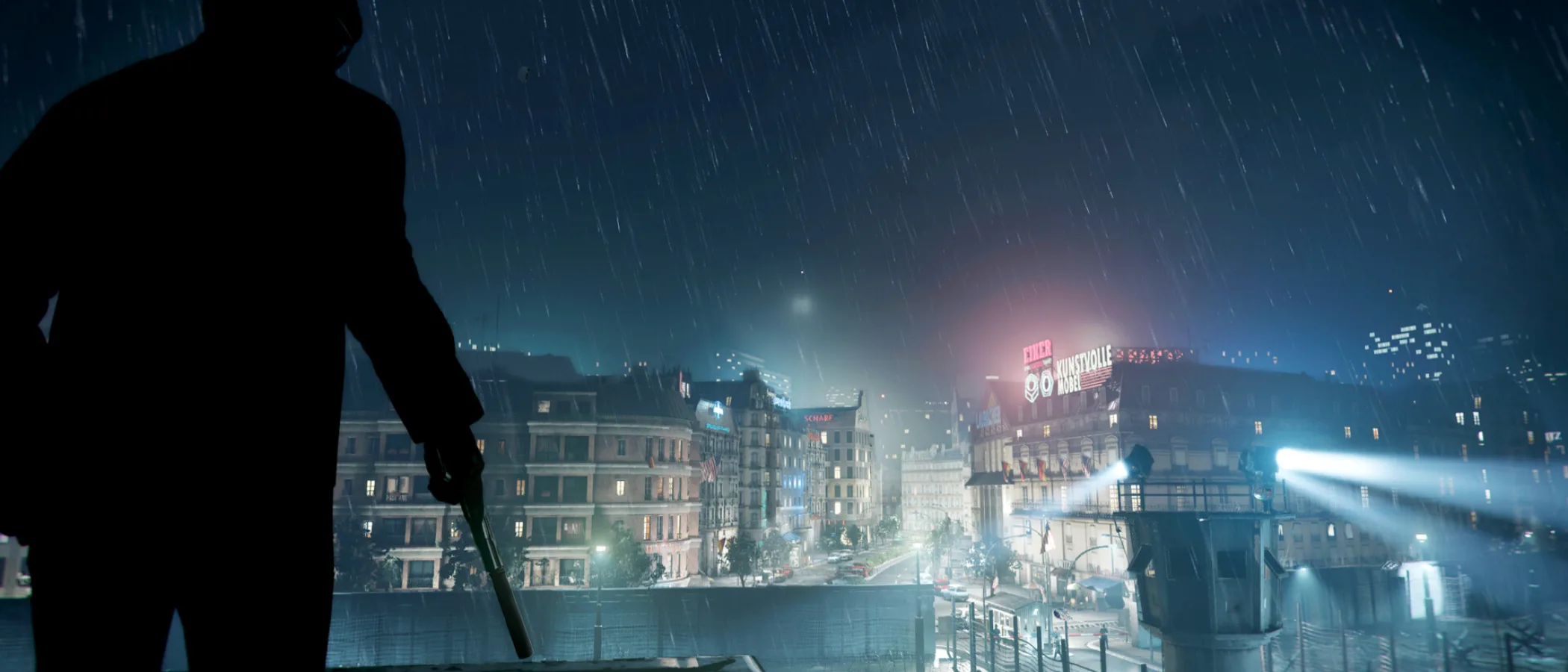 A silhouetted soldier overlooks a rain-soaked, floodlit city at night in Call of Duty: Black Ops Cold War.