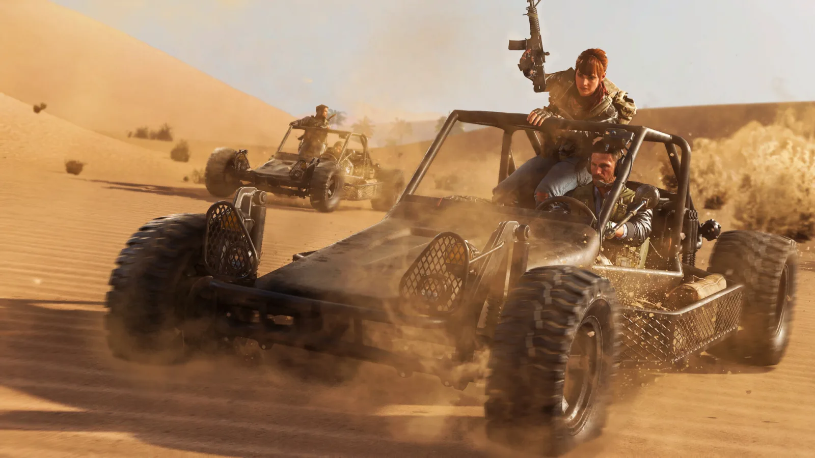 Soldiers ride armed dune buggies through a desert in Call of Duty: Black Ops Cold War.