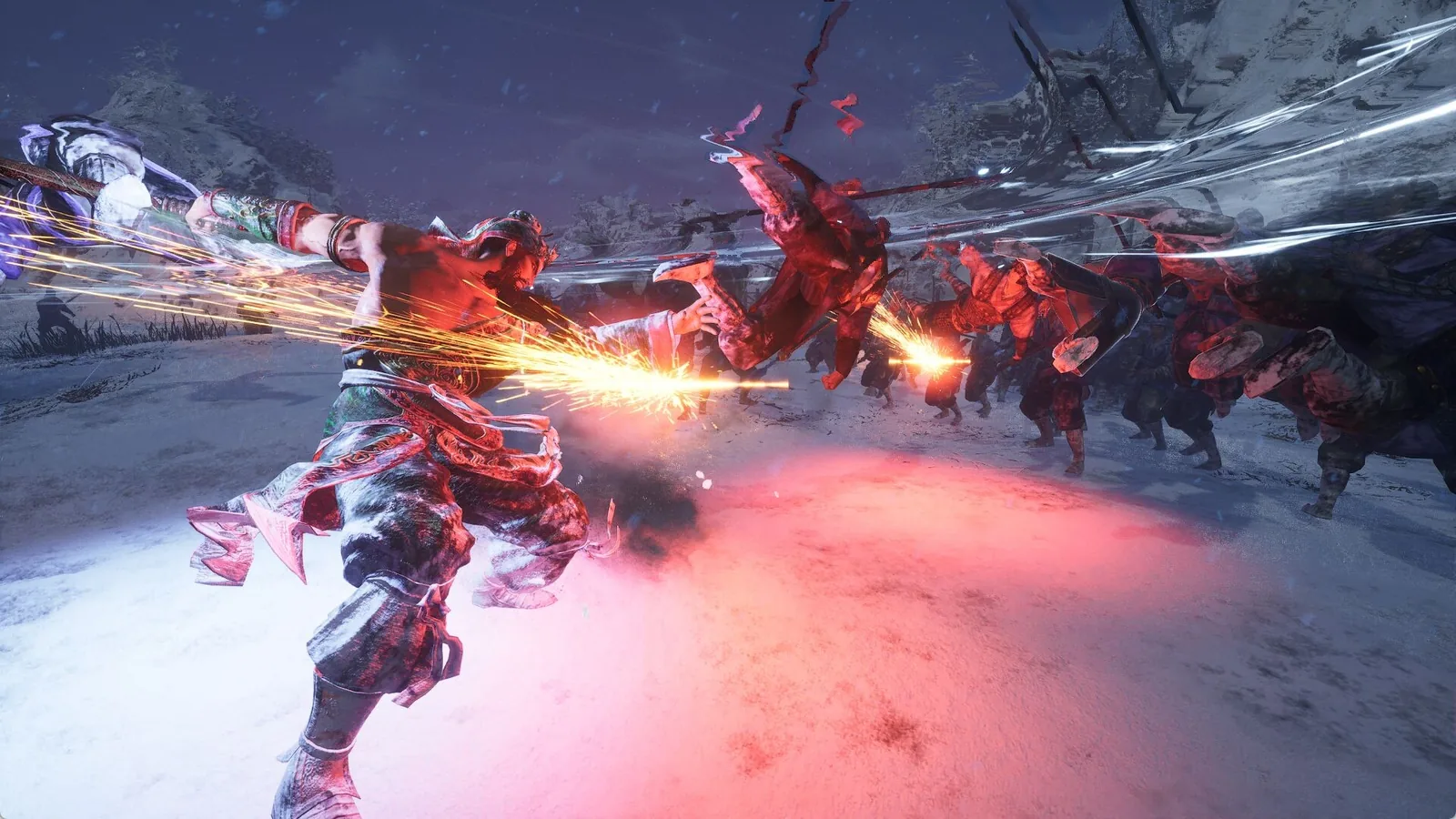 A spear-wielding officer knocks soldiers backwards on a snowy Dynasty Warriors 3 battlefield.
