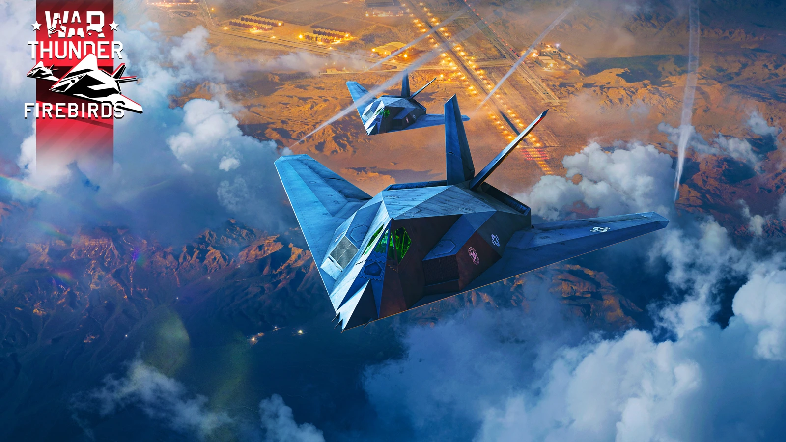 Two F-117 aircraft above a landscape in official War Thunder Firebirds artwork