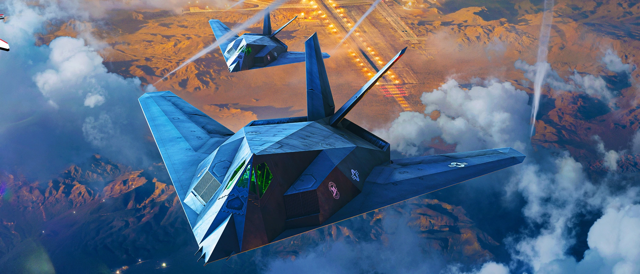 Two F-117 aircraft above a landscape in official War Thunder Firebirds artwork