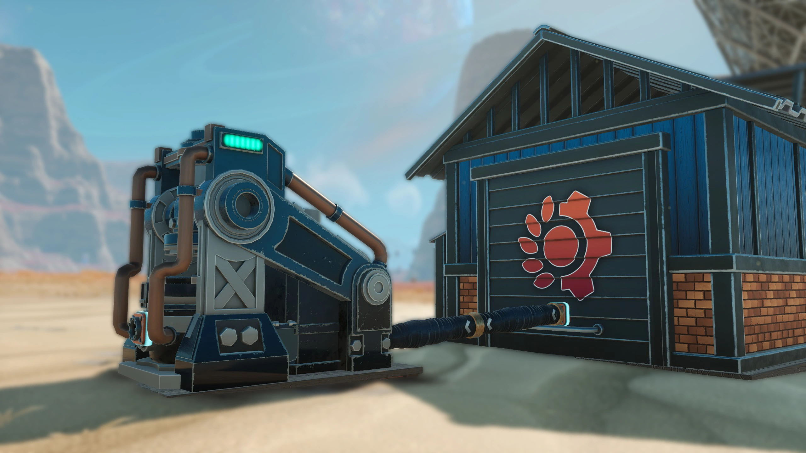 An Automation Pipe connects a machine to a blue storage building in Lightyear Frontier.