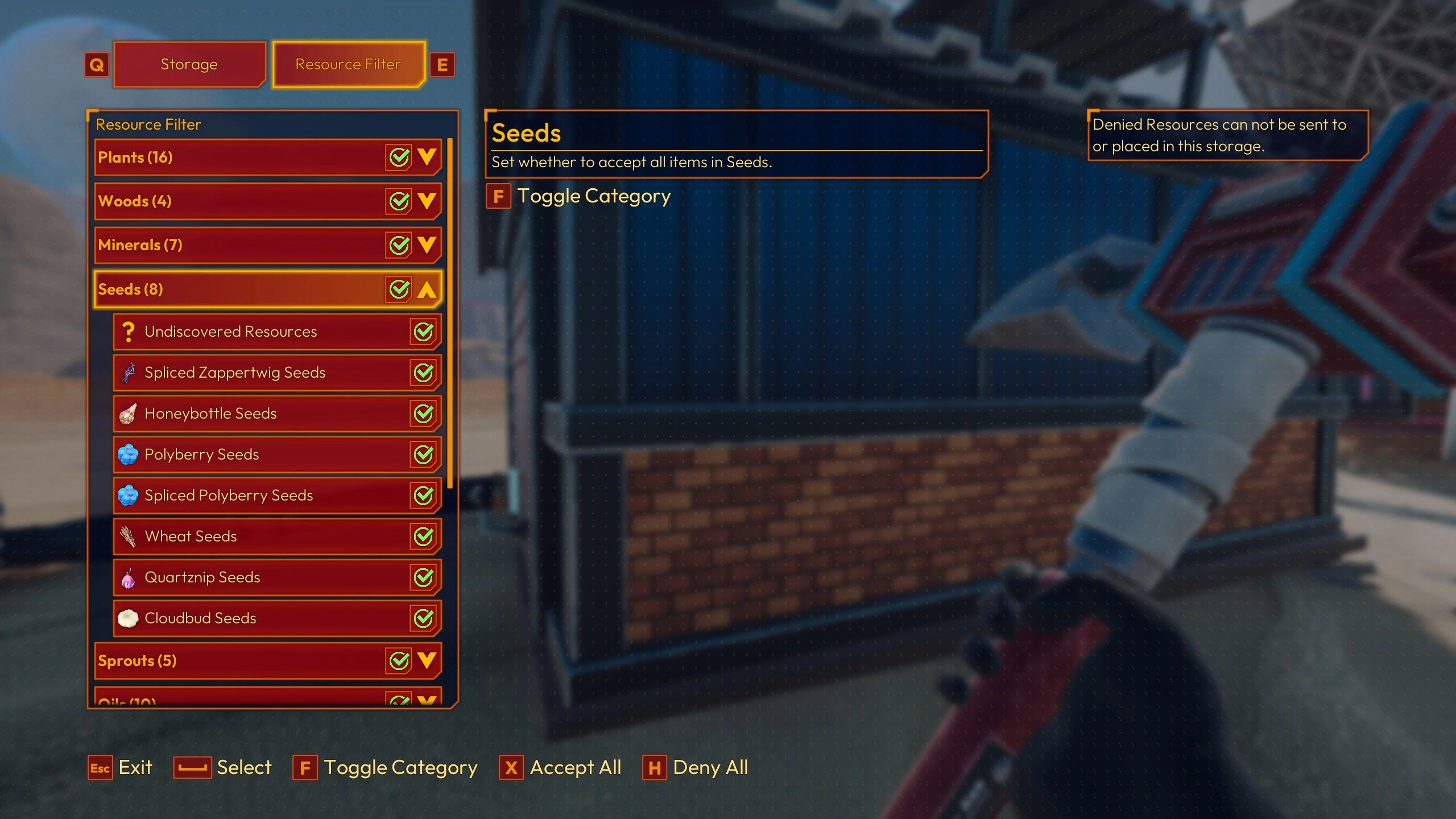 The Resource Filter menu shows seed categories and individual resources with acceptance toggles.