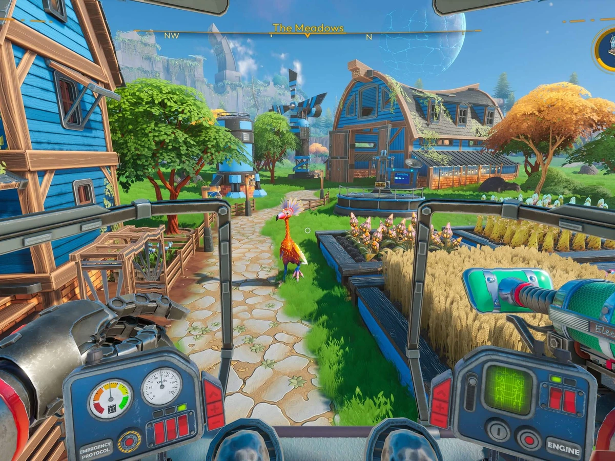 A mech cockpit overlooks planted beds, blue farm buildings and an alien bird in Lightyear Frontier.