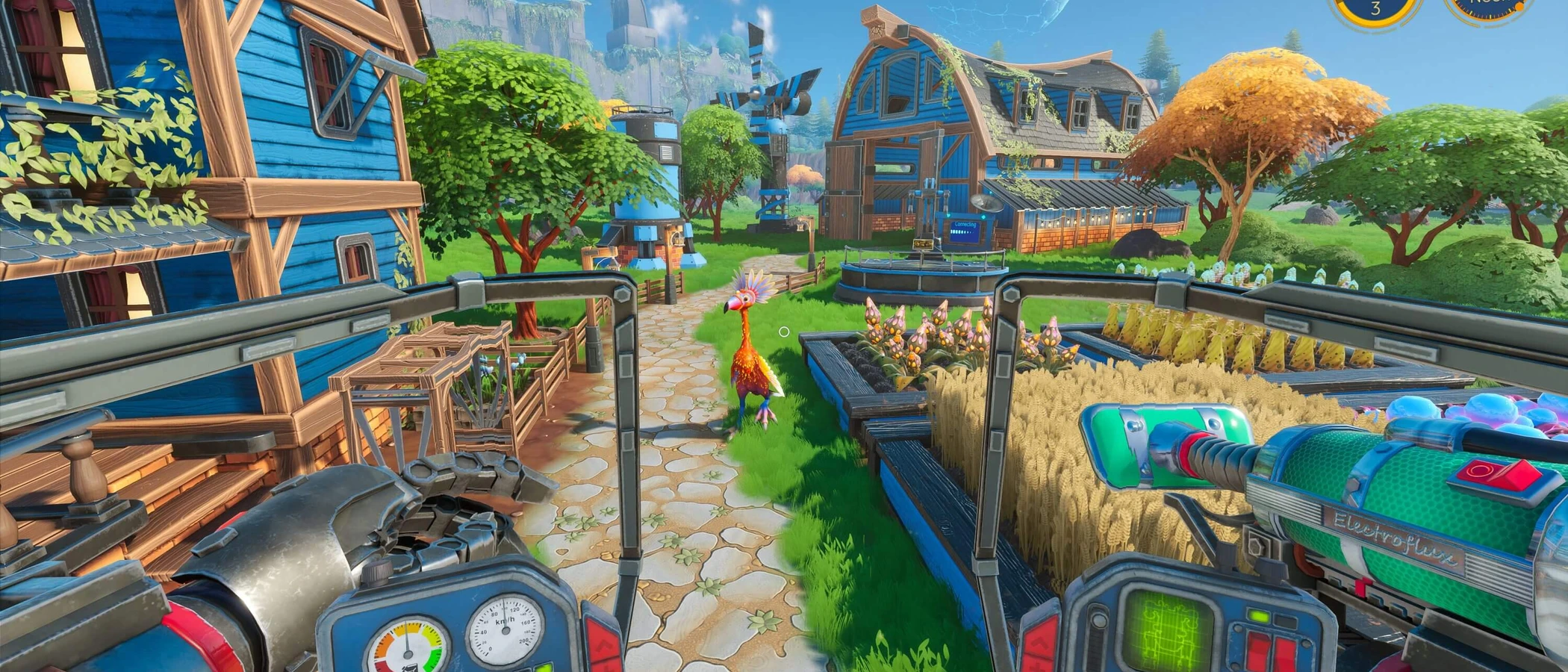 A mech cockpit overlooks planted beds, blue farm buildings and an alien bird in Lightyear Frontier.