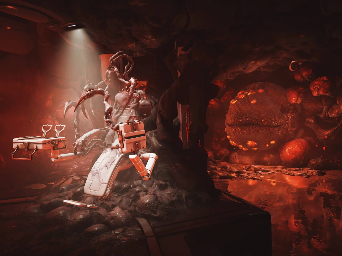 The infested Helminth room and its operating chair inside a Warframe Orbiter