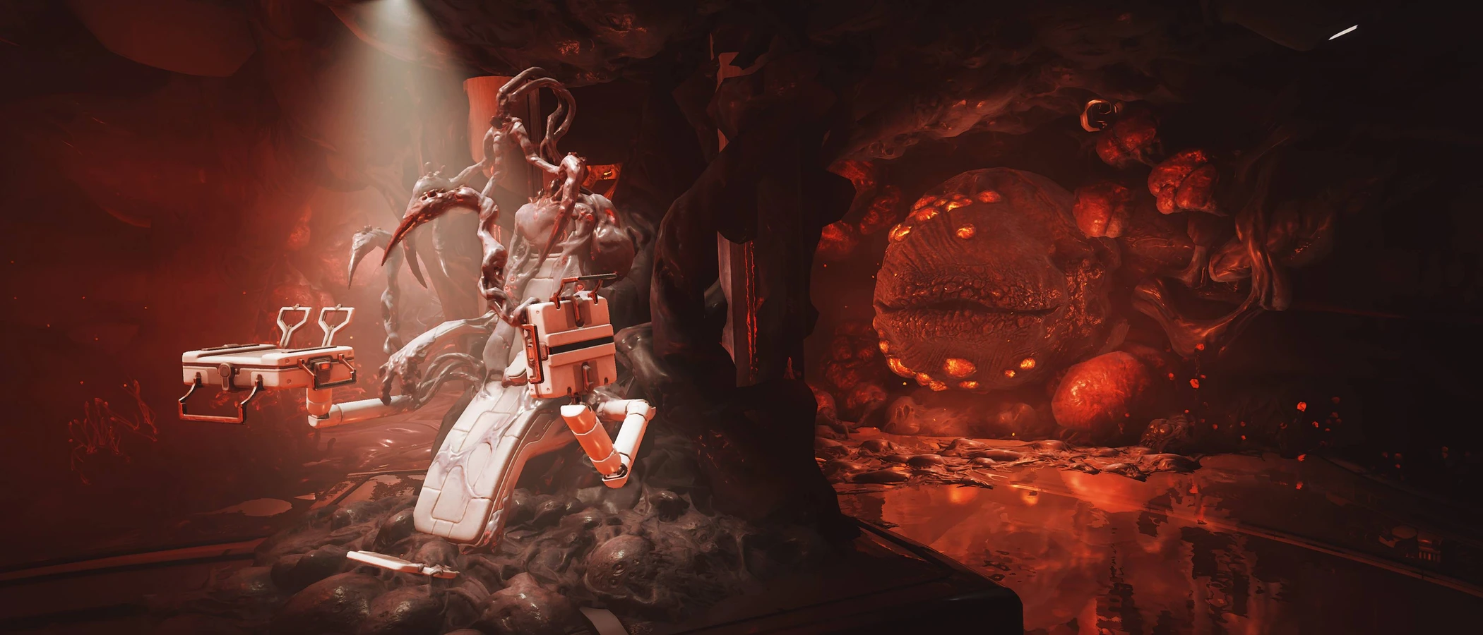 The infested Helminth room and its operating chair inside a Warframe Orbiter