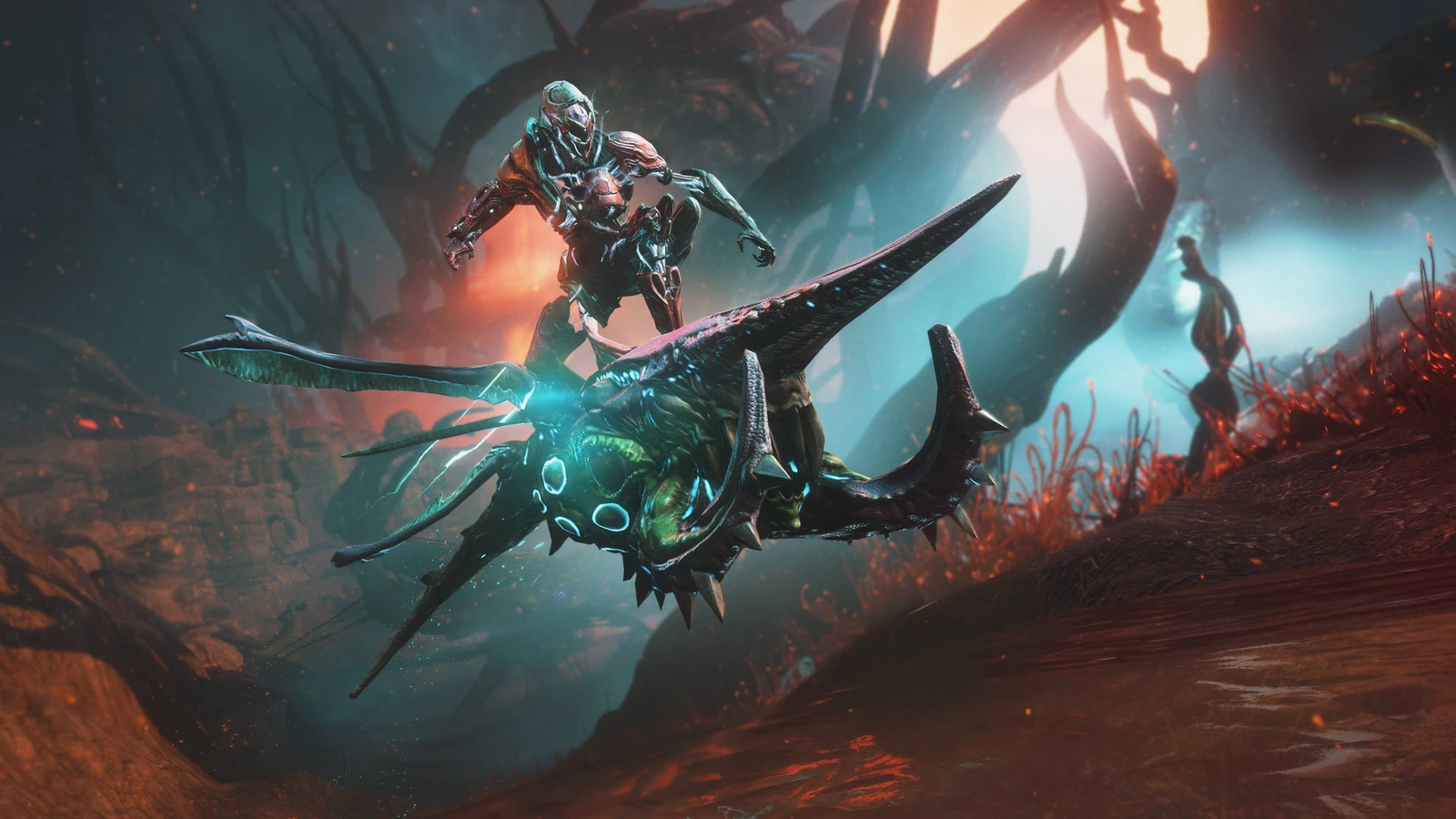 A Warframe rides a winged Velocipod above the Cambion Drift