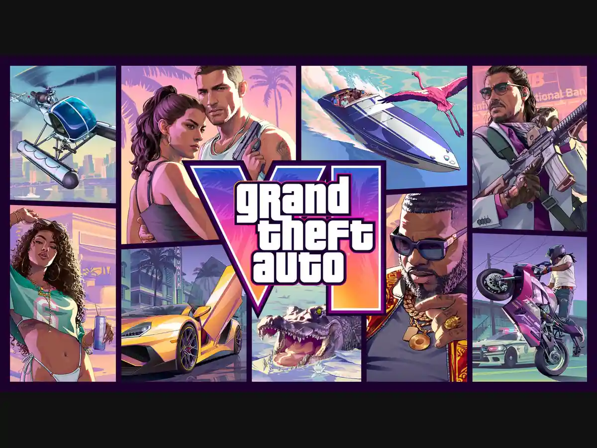 Characters and vehicles surrounding the Grand Theft Auto VI logo.