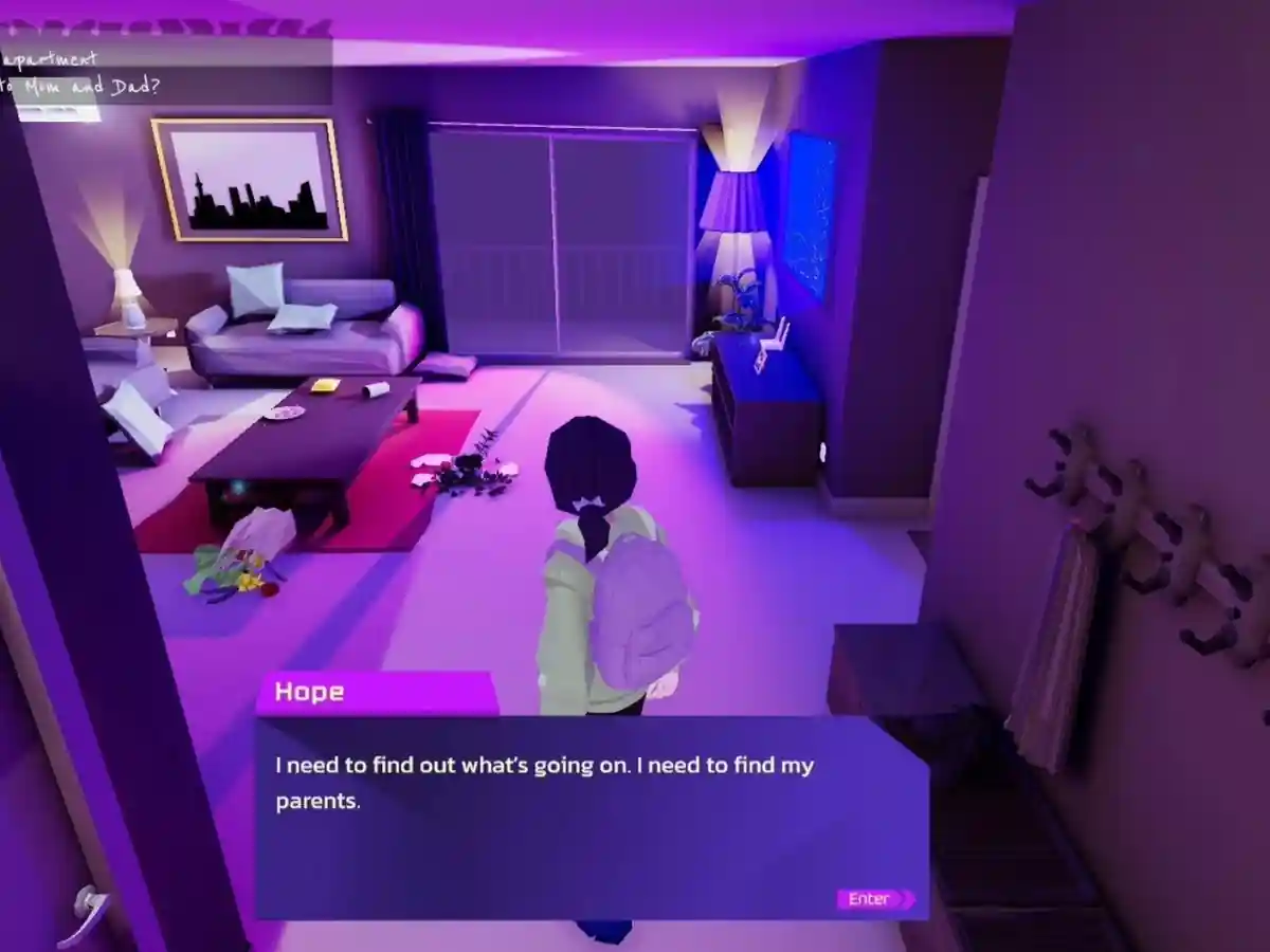 Hope investigating a purple-lit room in Hope in the City.