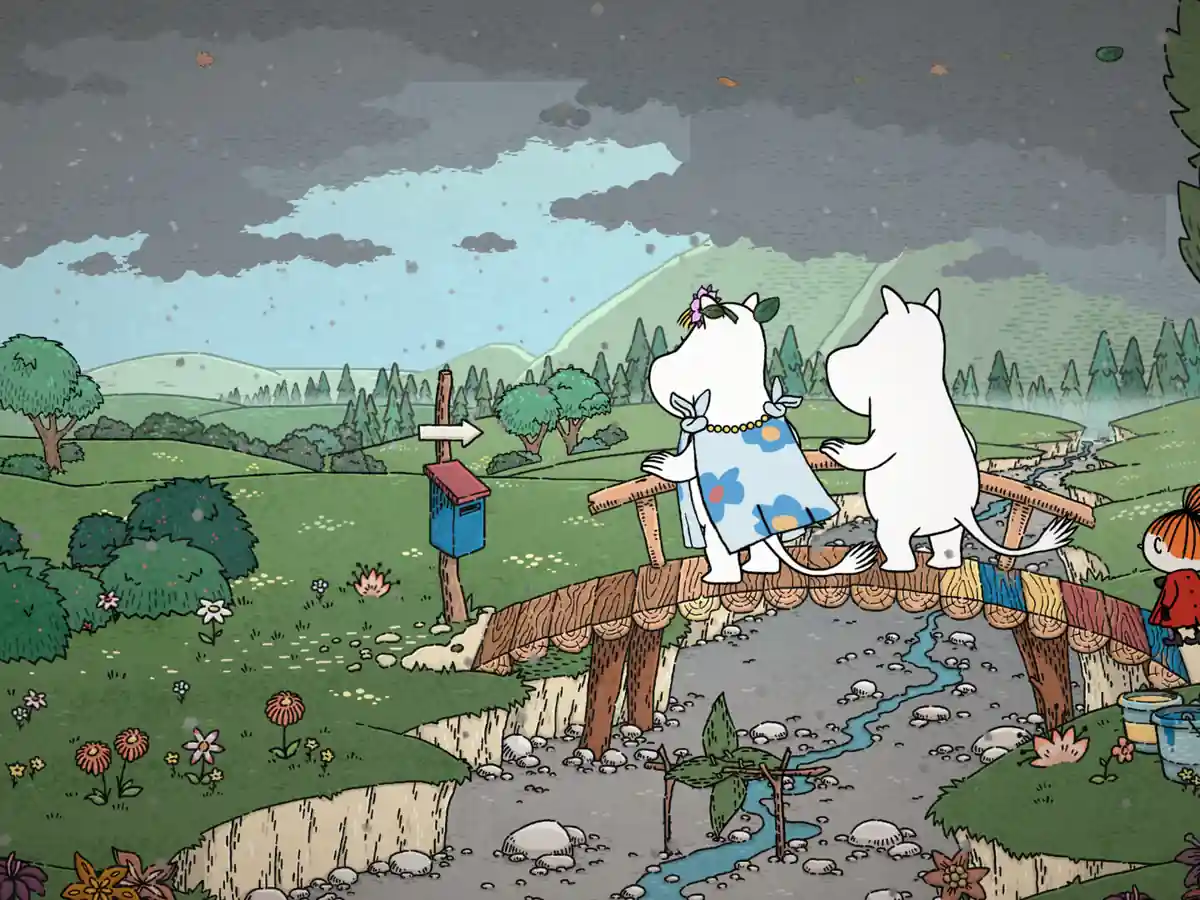 Moomin characters crossing a bridge in Moomin: Midsummer Madness.