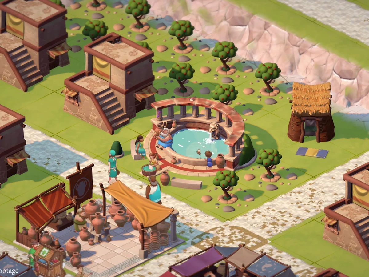 A fountain and market beside homes and paved roads in Theos: Cities of Myth