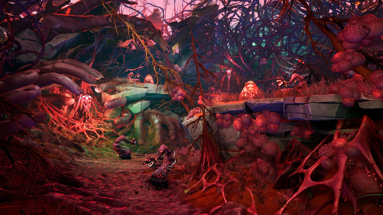 Corroded creatures stand among red growths and ruined stone walls