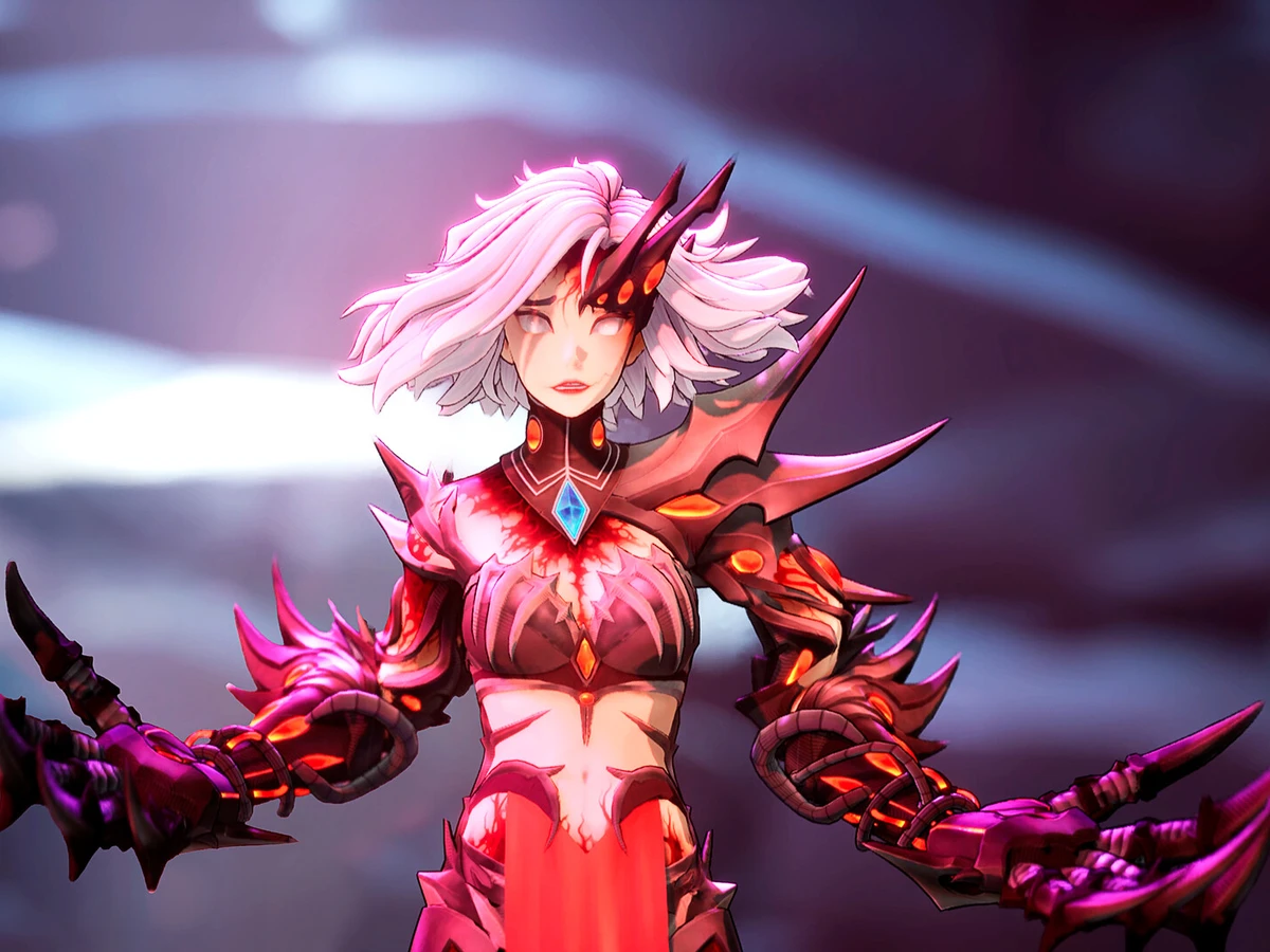 White-haired Eline with glowing eyes and red, clawed armour