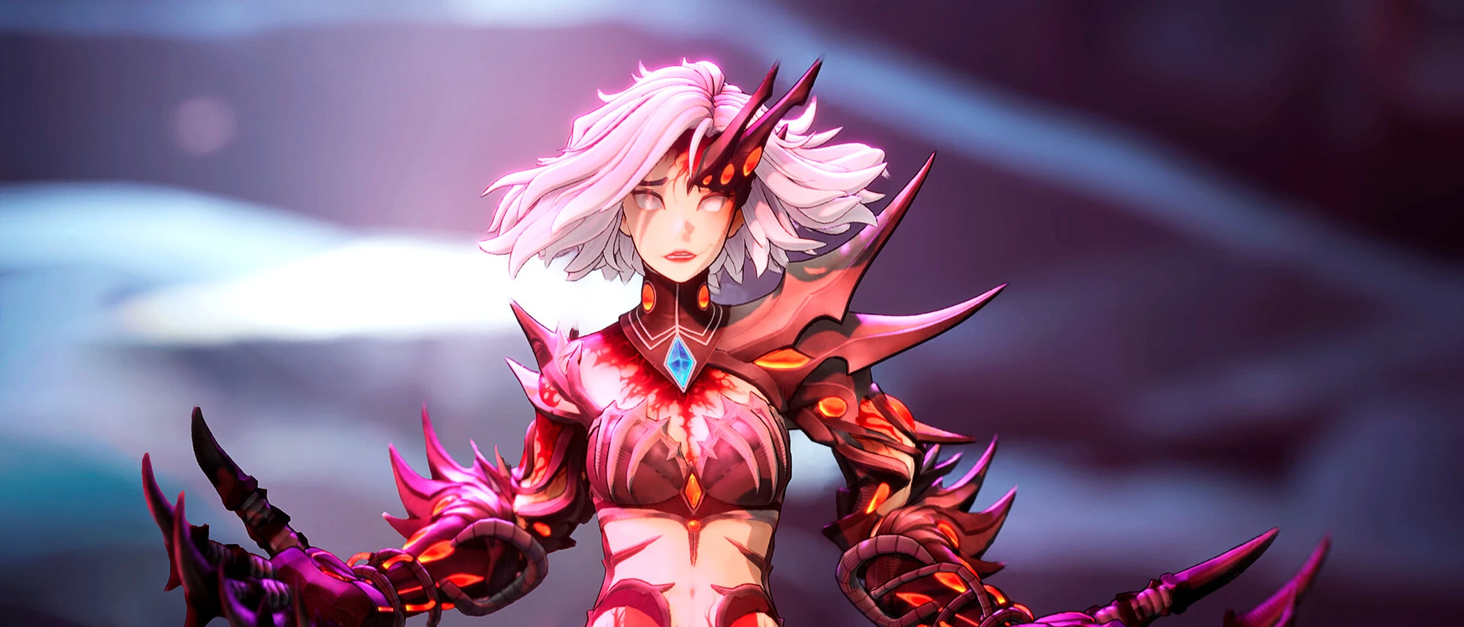 White-haired Eline with glowing eyes and red, clawed armour