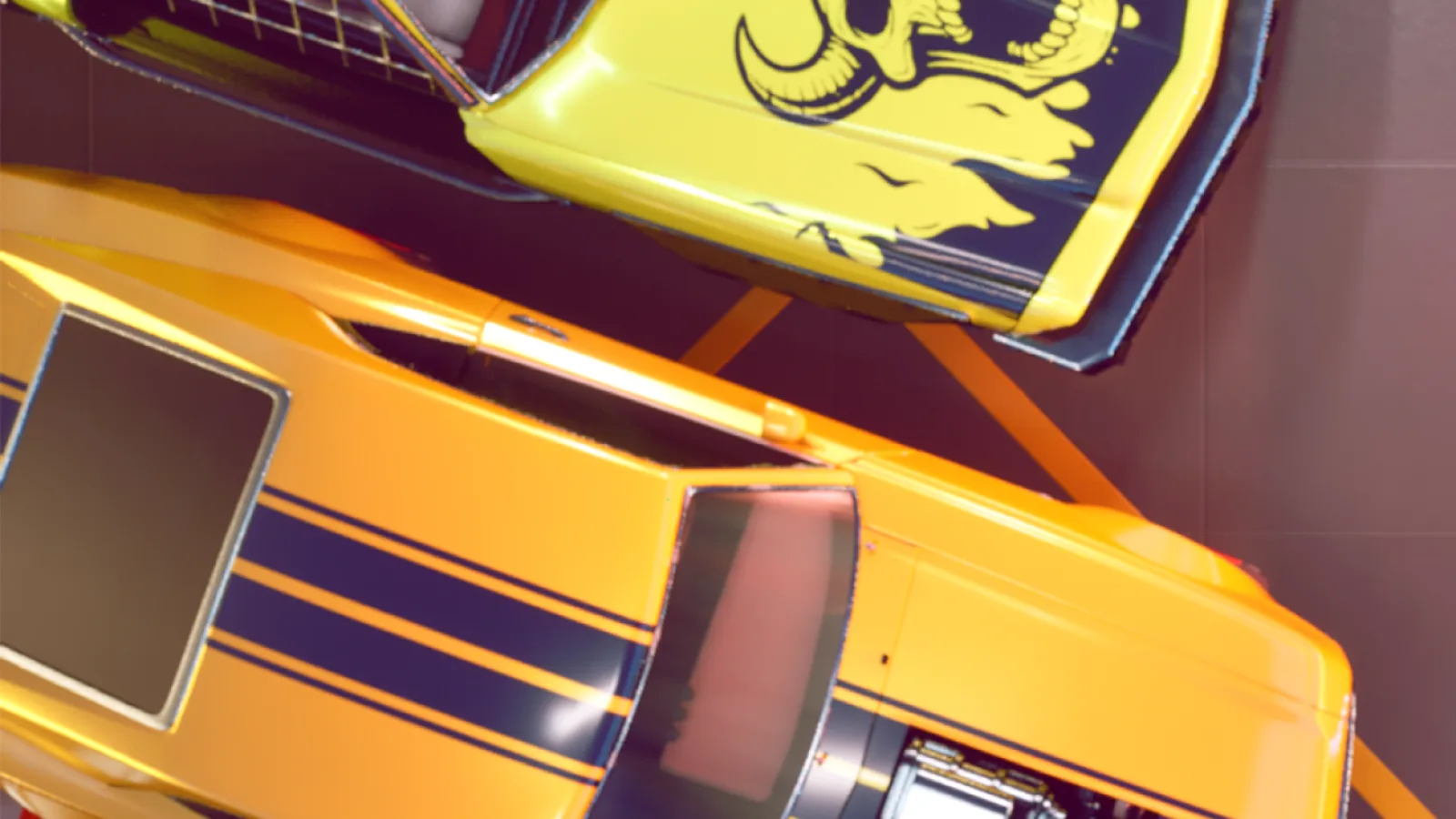 A yellow custom car in Chrome Valley Customs promotional art.