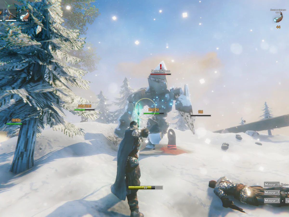 A Valheim character faces an enemy in a snowy battlefield, with health and equipment visible on screen.