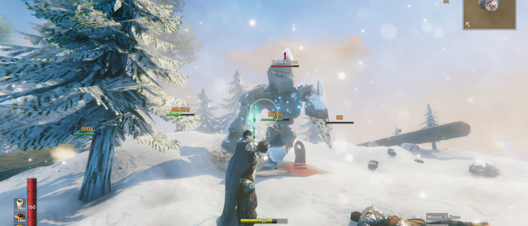 A Valheim character faces an enemy in a snowy battlefield, with health and equipment visible on screen.