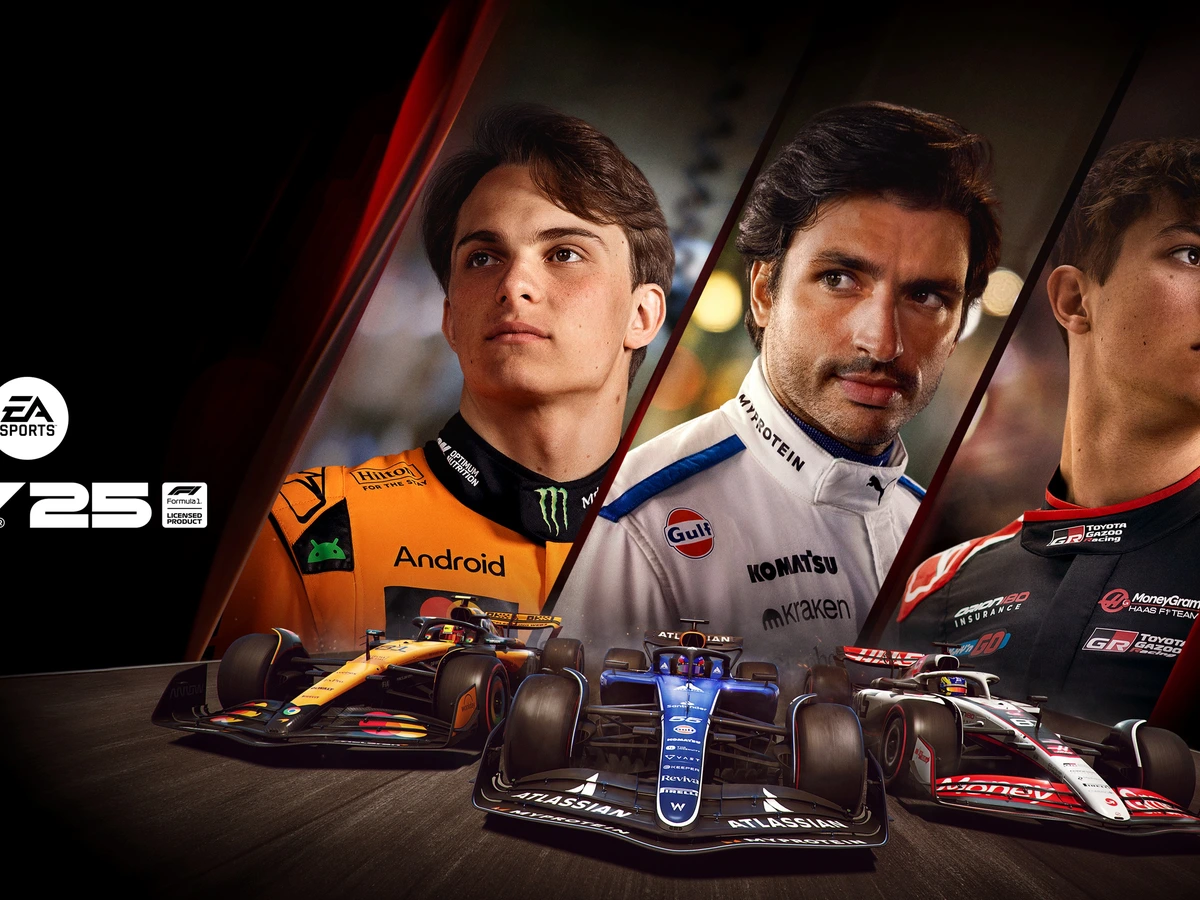 F1 25 artwork with three drivers and Formula One racing cars