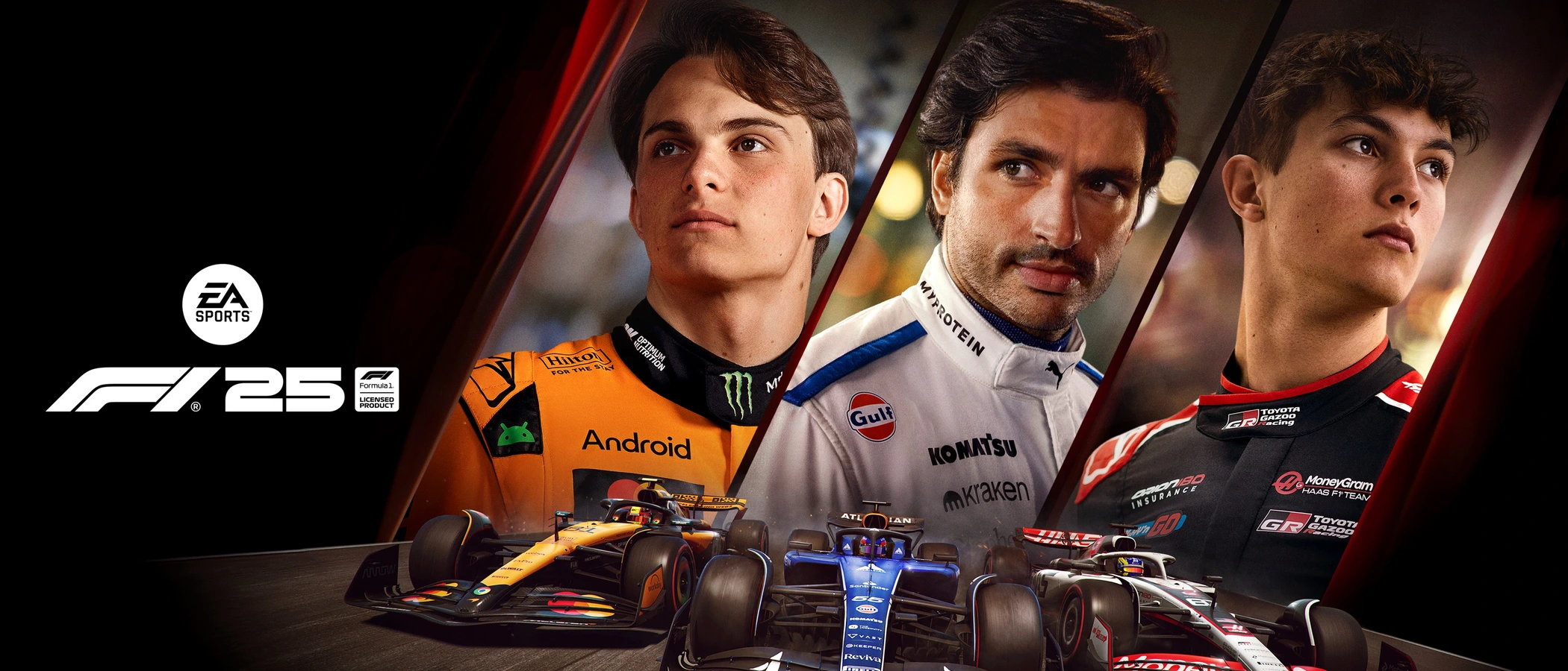 F1 25 artwork with three drivers and Formula One racing cars