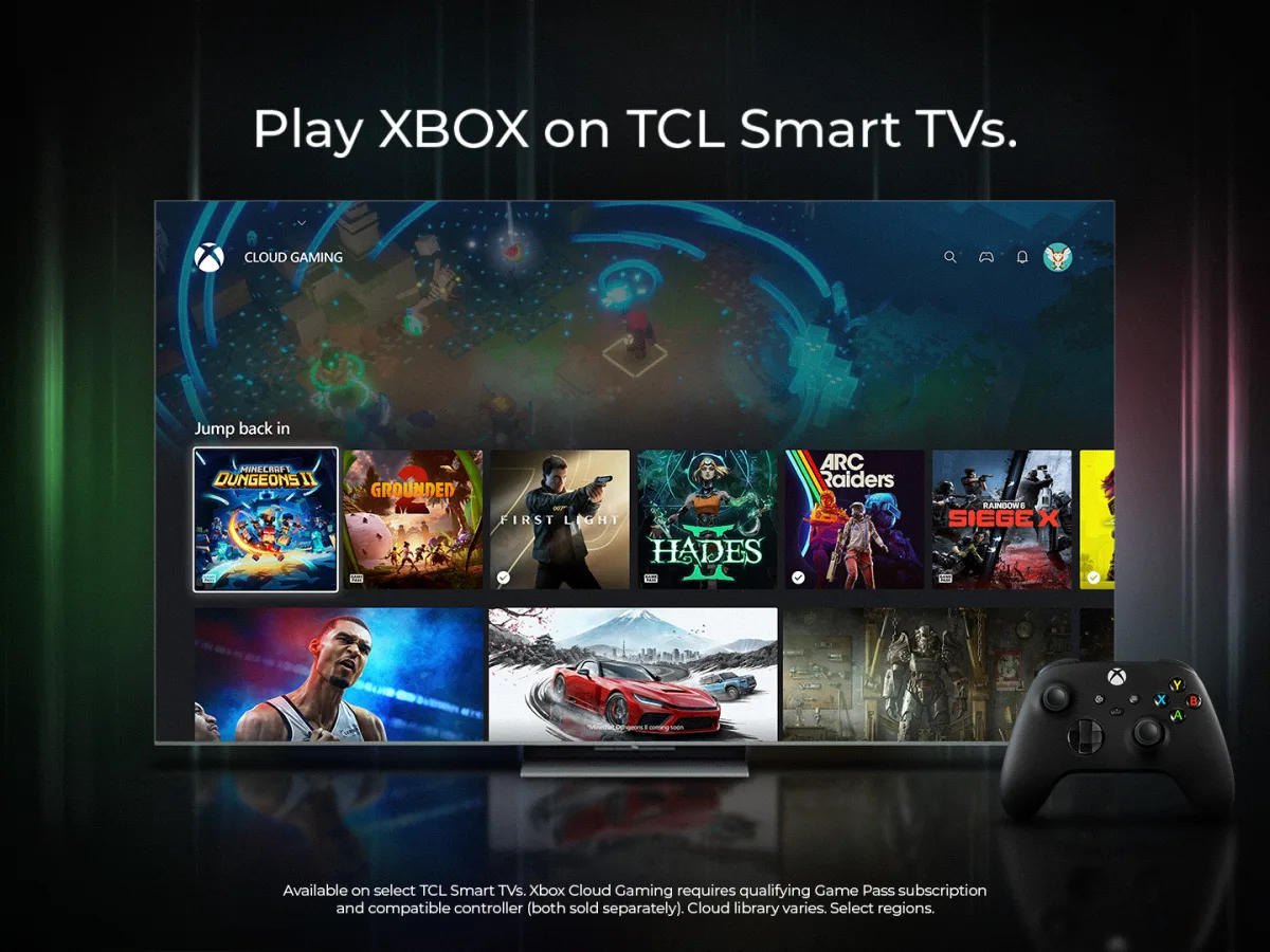 Xbox and TCL artwork showing the Xbox app on a TCL smart television.