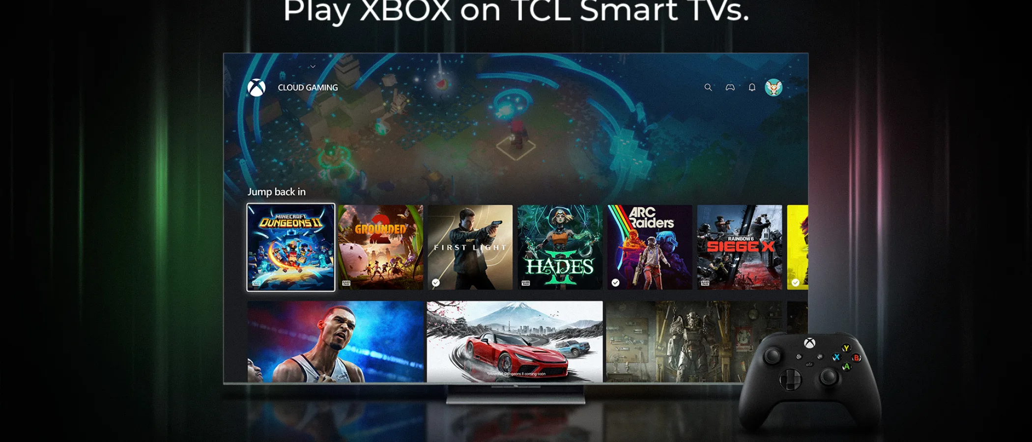 Xbox and TCL artwork showing the Xbox app on a TCL smart television.