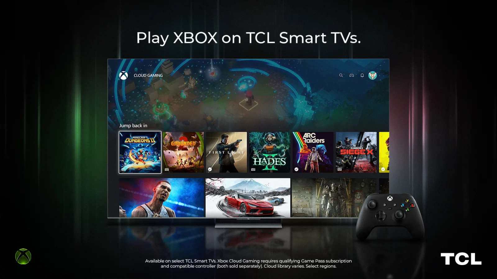 Xbox and TCL artwork displaying the Xbox app on a smart television.