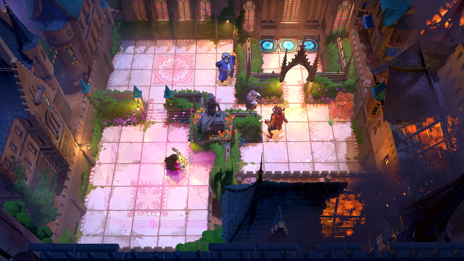 A blue-robed wizard and other figures stand in a bright tiled courtyard between tall buildings.